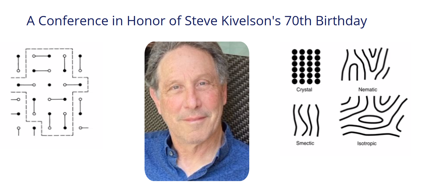 a set of three images; the outer ones are black and white drawings of physics insights and the center image is a photo of Steve Kivelson
